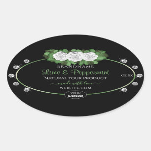 Pegatina Ovalada Logo de Joyas de Rosas Blancas Verdes