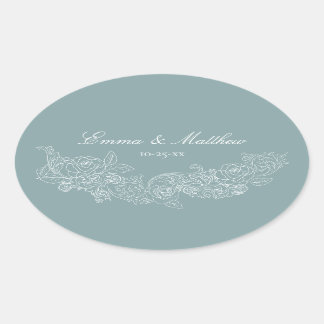 Pegatina Ovalada Logo del Boda azul turbio clásico