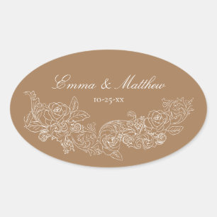 Pegatina Ovalada Logotipo de boda marrón dorado ornamento clásico