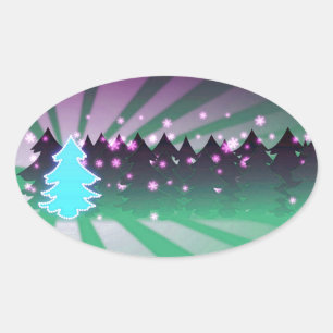 Pegatina Ovalada Los árboles de Navidad sombras de verde