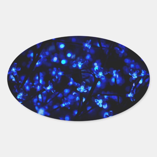 Pegatina Ovalada Luces de flores azules de bonito (Anverso)