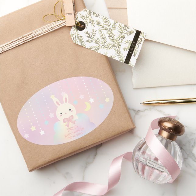 Pegatina Ovalada Luna Rosa y Estrellas Pequeño conejito Chica Baby  (Regalar)