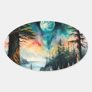 Pegatina Ovalada Luna sobre la Bahía del Océano