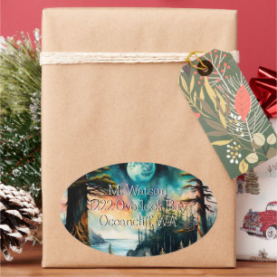 Pegatina Ovalada Luna sobre una dirección de Ocean Bay