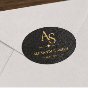 Pegatina Ovalada Luxury Black Leather Gold Monogram Business Brand