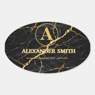 Pegatina Ovalada Luxury Black Marble Gold Monogram Business Brand