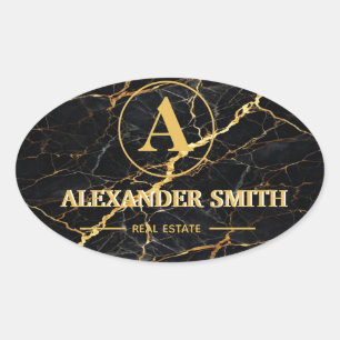Pegatina Ovalada Luxury Black Marble Gold Monogram Business Brand