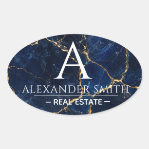 Pegatina Ovalada Luxury Navy Marble Gold Monogram Business Branding