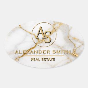 Pegatina Ovalada Luxury White Marble Gold Monogram Real Estate 