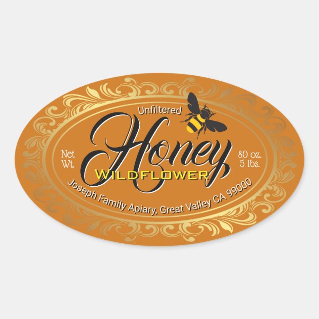 Pegatina Ovalada Luz de marco dorado Amber Honey Jar (Anverso)