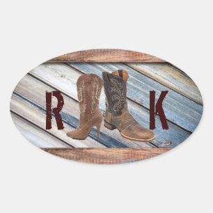 Pegatina Ovalada madera de grano Cowboy Boots Campo occidental Boda