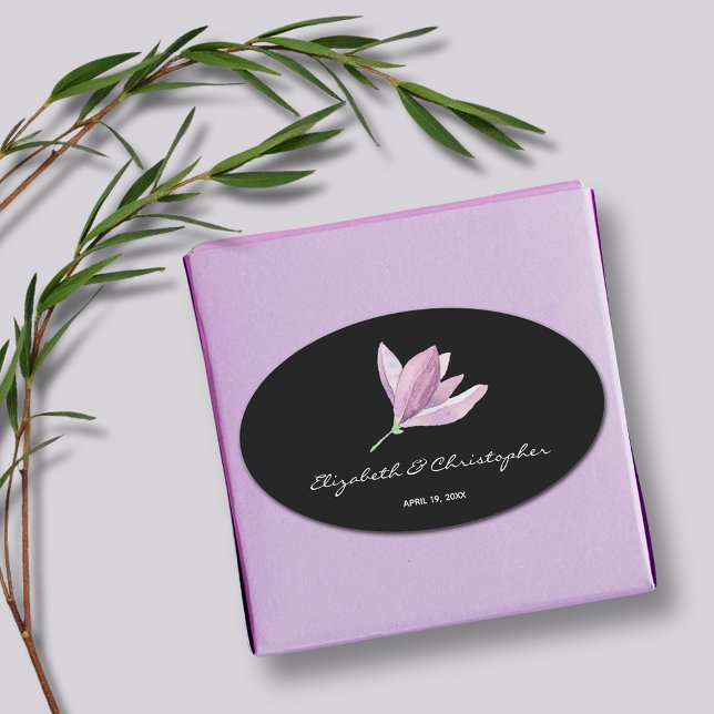 Pegatina Ovalada Magnolia floral en Boda negro (Magnolia Floral Wedding Favor Black Oval Stickers)