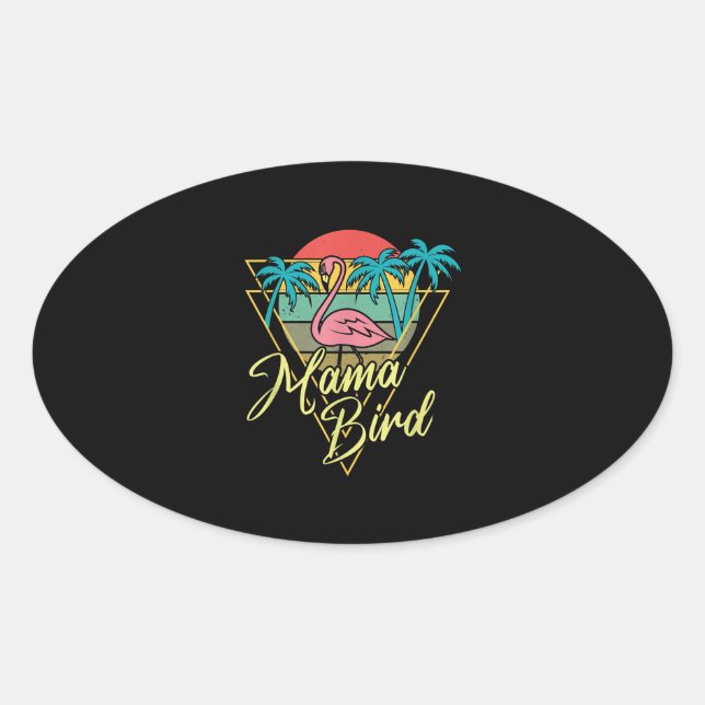 Pegatina Ovalada Mama Bird Flamingo Sunset Palm Tree Beach 80 (Anverso)