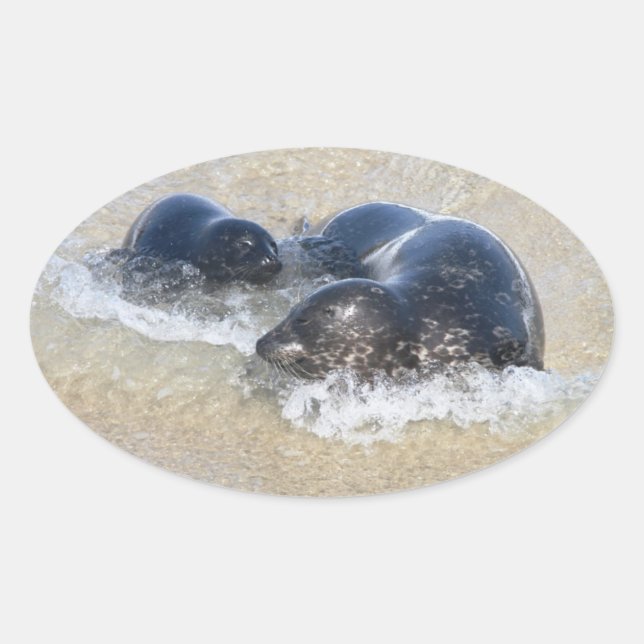 Pegatina Ovalada Mamá y foca de bebé (Anverso)