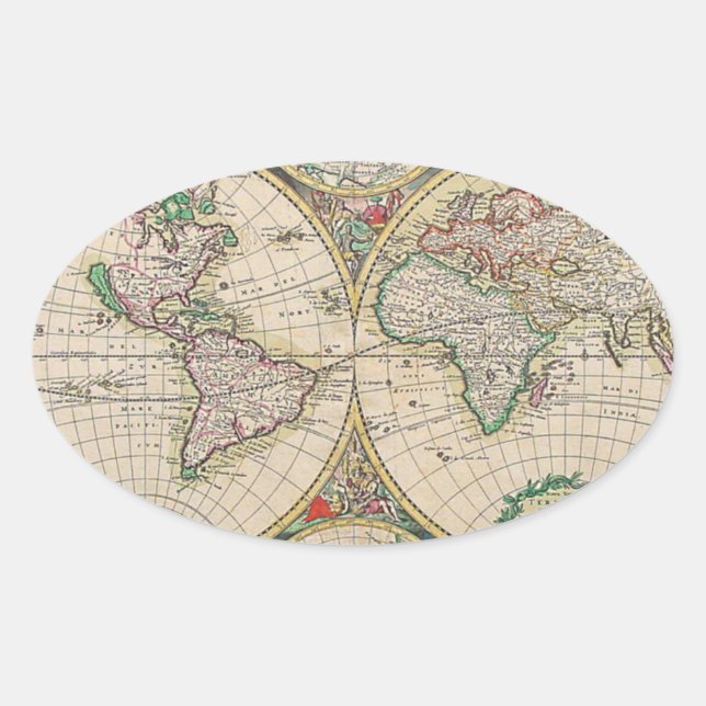 Pegatina Ovalada Mapa del Mundo Antiguo (Anverso)