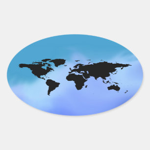 Pegatina Ovalada mapa del mundo azul negro