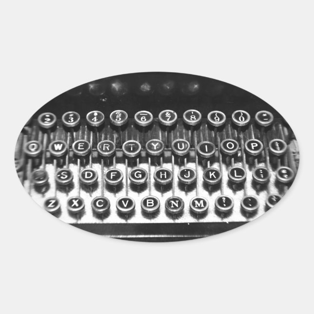 Pegatina Ovalada Máquina de escribir en blanco y negro (Anverso)