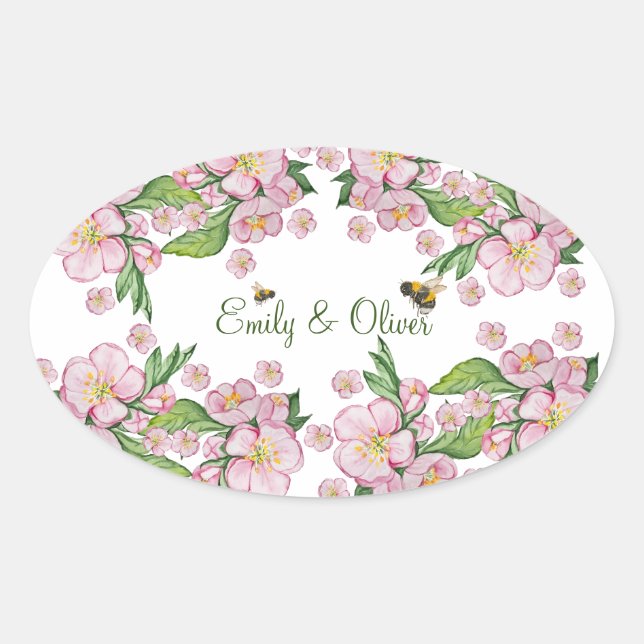 Pegatina Ovalada Maravillosas flores de manzano al agua y abejas (Anverso)