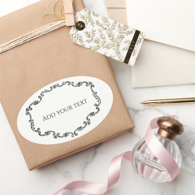 Pegatina Ovalada Marco Antiguo Ornamentado Añade tu Texto (Regalar)