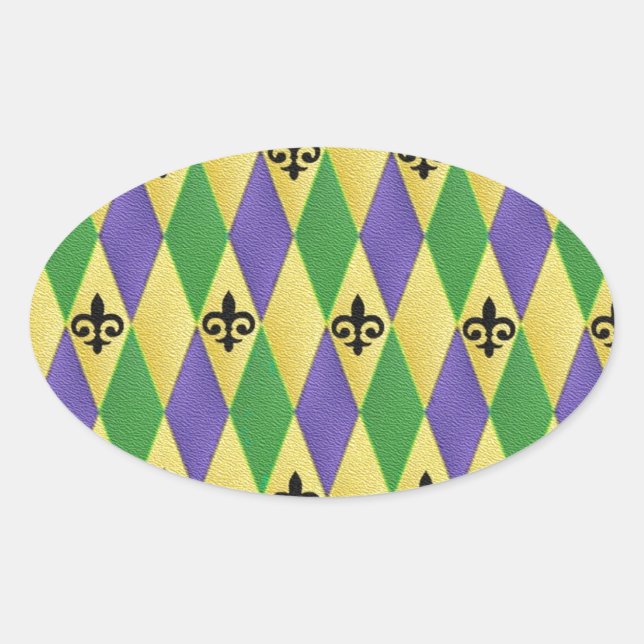 Pegatina Ovalada Mardi Gras Harlequin Fleur De Lis (Anverso)