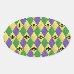 Pegatina Ovalada Mardi Gras Harlequin Fleur De Lis