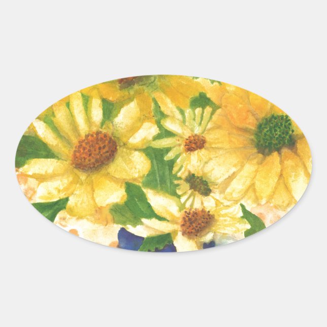 Pegatina Ovalada margaritas amarillas en jarrón azul (Anverso)