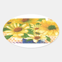 Pegatina Ovalada margaritas amarillas en jarrón azul