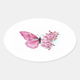 Pegatina Ovalada Mariposa de flores con Sakura rosa