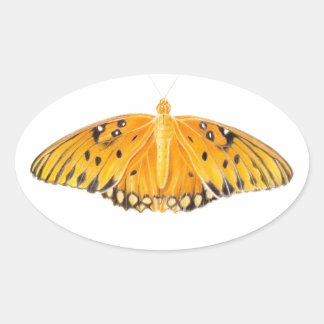Pegatina Ovalada Mariposa Fritillary del Golfo Naranja Acuarela