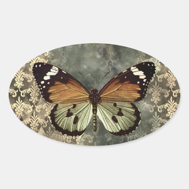 Pegatina Ovalada Mariposa Gótica Naranja y Verde (Anverso)