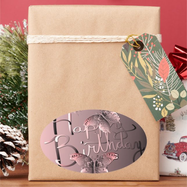 Pegatina Ovalada Mariposa rosada silvestre "¡Feliz cumpleaños!" Cl (Vacaciones)