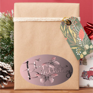 Pegatina Ovalada Mariposa rosada silvestre "¡Feliz cumpleaños!" Cl