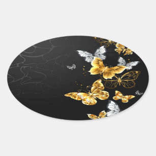 Pegatina Ovalada Mariposas doradas y blancas