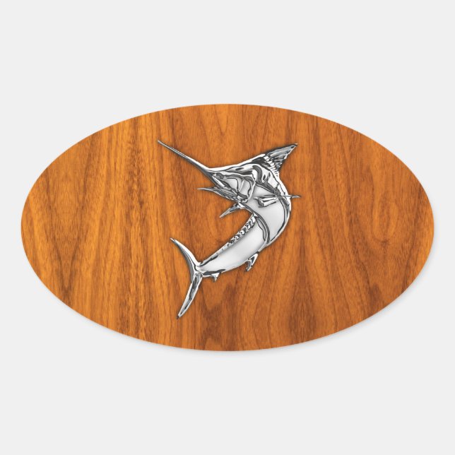 Pegatina Ovalada Marlin cromado en madera de teca (Anverso)