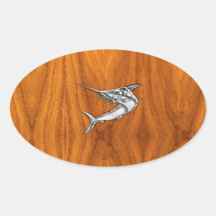 Pegatina Ovalada Marlin cromado en madera de teca
