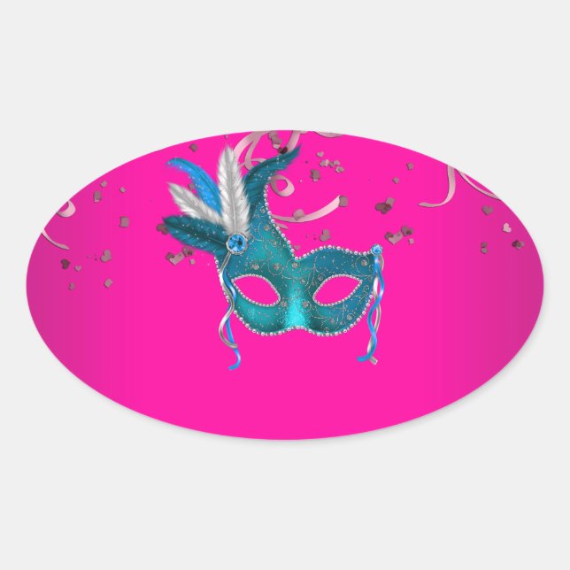 Pegatina Ovalada Máscara de baile de máscara rosa y azul (Anverso)