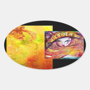 PEGATINA OVALADA MÁSCARA DE CARNAVAL EN AMARILLO ORO CON ROSA ROJA