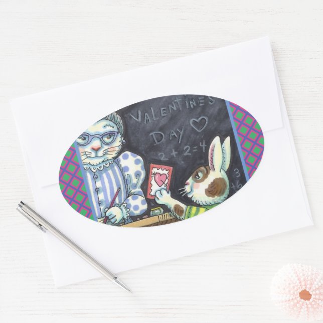 PEGATINA OVALADA MASCOTA DE PROFESOR, APPLE & VALENTINE BUNNY RABBI (Sobre)