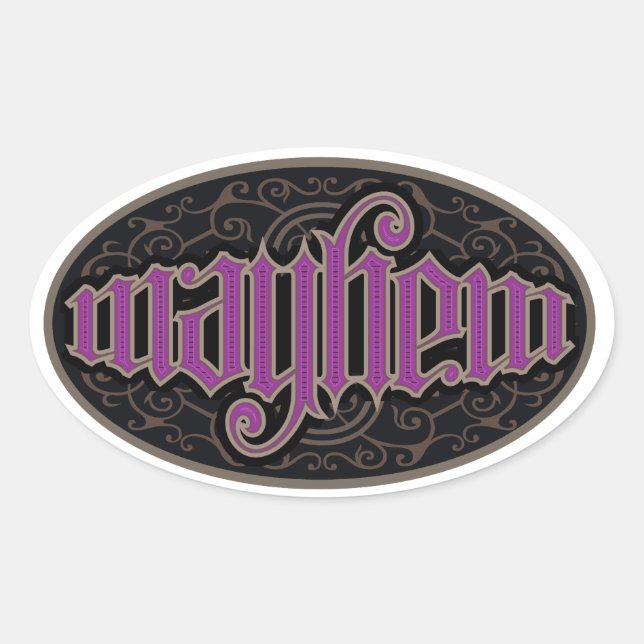 Pegatina Ovalada Mayhem Ambigram Stickers (Anverso)