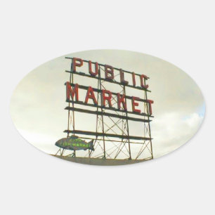 Pegatina Ovalada Mercado público en Seattle, WA