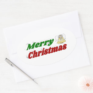 Pegatina Ovalada Merry Christmas Angel tipografía verde roja