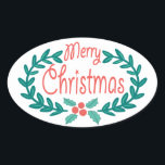 PEGATINA OVALADA MERRY CHRISTMAS CUTE SALUD DE MANO<br><div class="desc">FELIZ NAVIDAD: Brillantes y alegres Navidades de estilo retro con pegatinas de vacaciones con tipografía casual dibujada a mano y colorida corona floral de hongo y laurel. Haga clic en Personalizar para cambiar el color de fondo. El diseño familiar es ideal para niños, profesores y adultos jóvenes de corazón. También...</div>