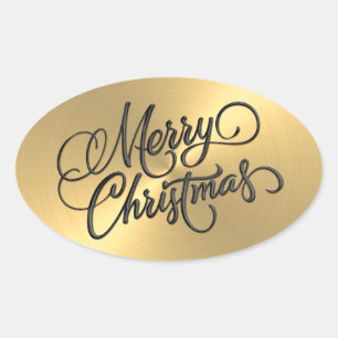 Pegatina Ovalada Merry Christmas Gold Grabado en relieve look