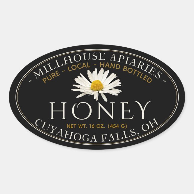 Pegatina Ovalada Miel embotellada pura de mano local con ovalado de (Anverso)