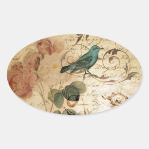 Pegatina Ovalada Moda bohemia Paris Scripts pájaro botánico francés