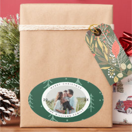 Pegatina Ovalada Modern Green Tree Family Photo Holiday