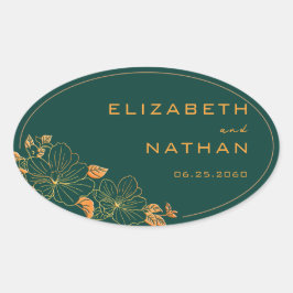 Pegatina Ovalada Moderno Boda retro esmeralda verde dorado floral