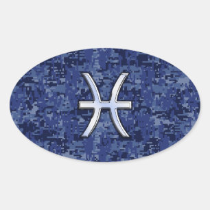 Pegatina Ovalada Moderno Pisces Zodiac Rótulo Navy Camo Digital Azu