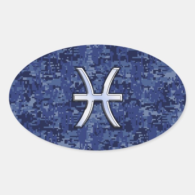 Pegatina Ovalada Moderno Pisces Zodiac Rótulo Navy Camo Digital Azu (Anverso)