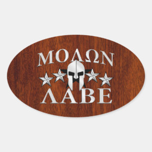 Pegatina Ovalada Molon Labe Casco Espartano 5 estrellas Estilo caob